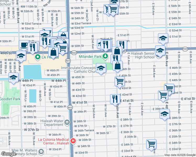 map of restaurants, bars, coffee shops, grocery stores, and more near 152 West 45th Street in Hialeah