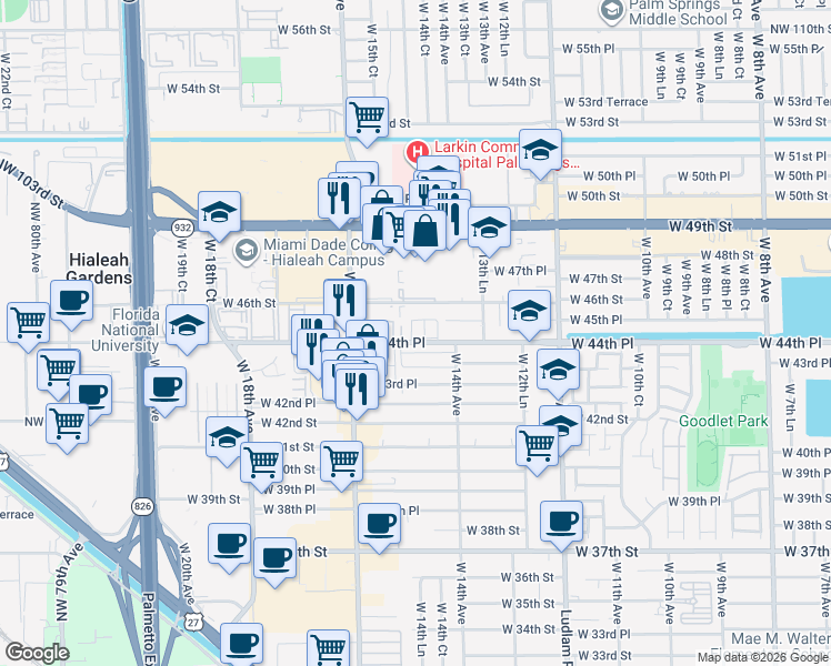 map of restaurants, bars, coffee shops, grocery stores, and more near 1555 West 44th Place in Hialeah
