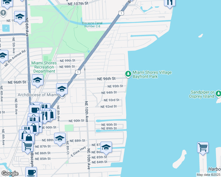 map of restaurants, bars, coffee shops, grocery stores, and more near 1218 Northeast 95th Street in Miami Shores