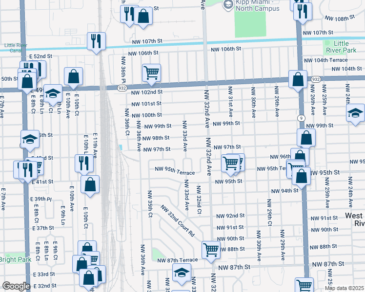 map of restaurants, bars, coffee shops, grocery stores, and more near 3315 Northwest 97th Street in Miami