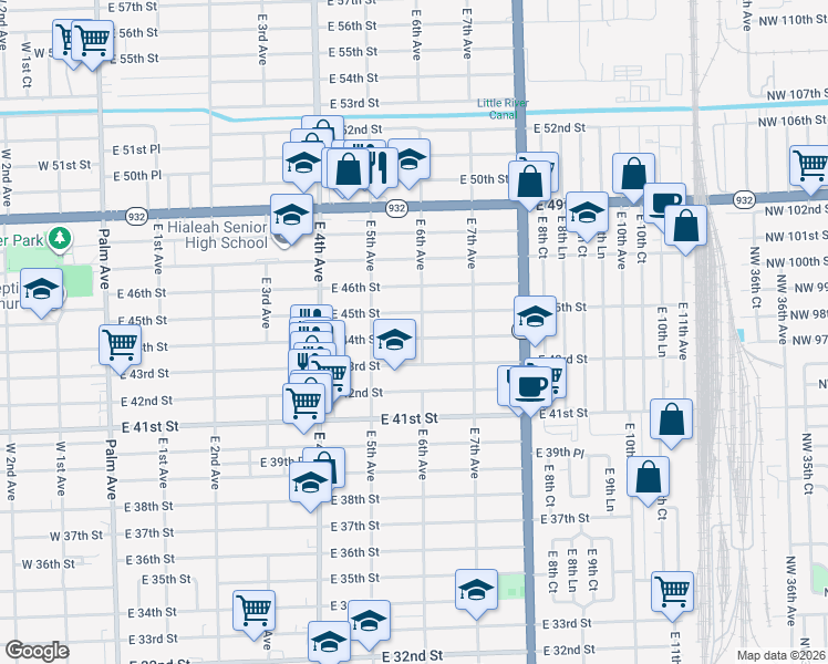 map of restaurants, bars, coffee shops, grocery stores, and more near 581 East 44th Street in Hialeah