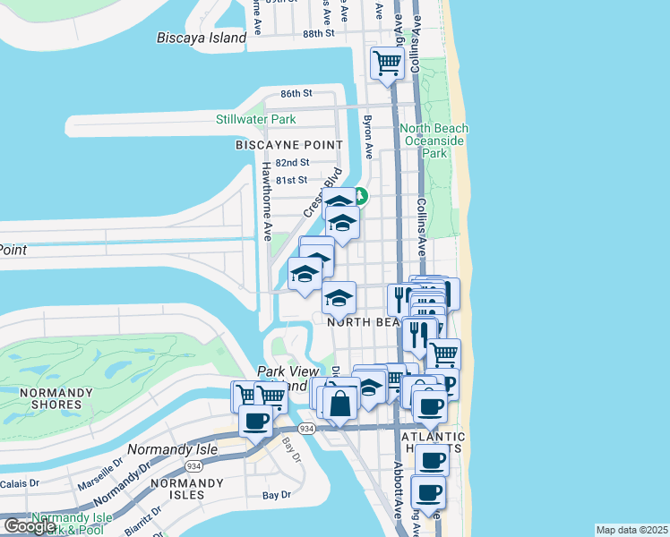 map of restaurants, bars, coffee shops, grocery stores, and more near 630 78th Street in Miami Beach