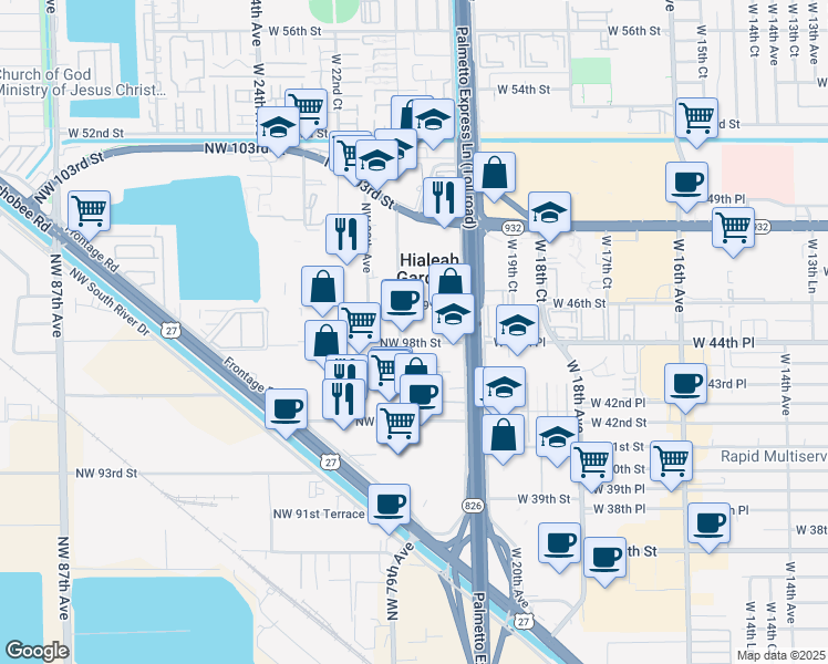 map of restaurants, bars, coffee shops, grocery stores, and more near 9869 Northwest 79th Avenue in Hialeah