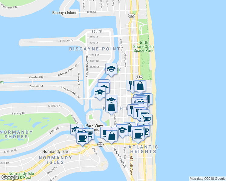 map of restaurants, bars, coffee shops, grocery stores, and more near 630 78th Street in Miami Beach