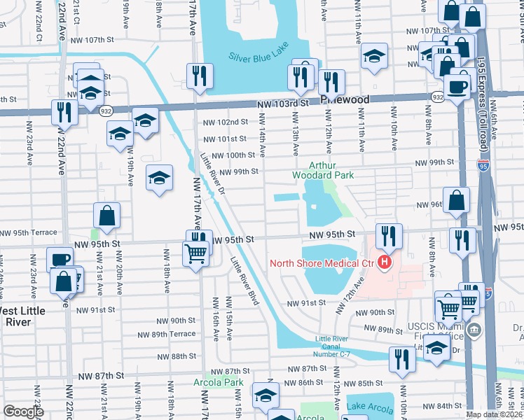 map of restaurants, bars, coffee shops, grocery stores, and more near 1381 Northwest 96th Street in Miami