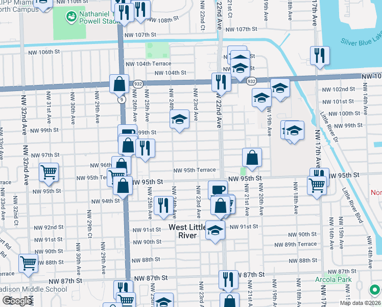 map of restaurants, bars, coffee shops, grocery stores, and more near 2300 Northwest 97th Street in Miami