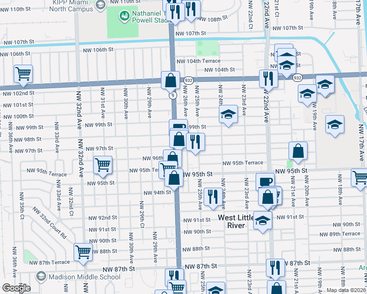 map of restaurants, bars, coffee shops, grocery stores, and more near 9725 Northwest 26th Avenue in Miami