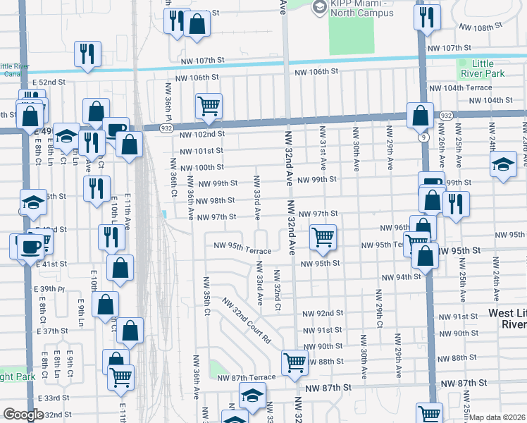 map of restaurants, bars, coffee shops, grocery stores, and more near 3315 Northwest 97th Street in Miami