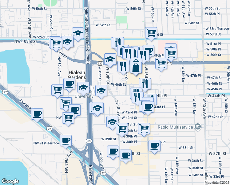 map of restaurants, bars, coffee shops, grocery stores, and more near 1825 West 44th Place in Hialeah