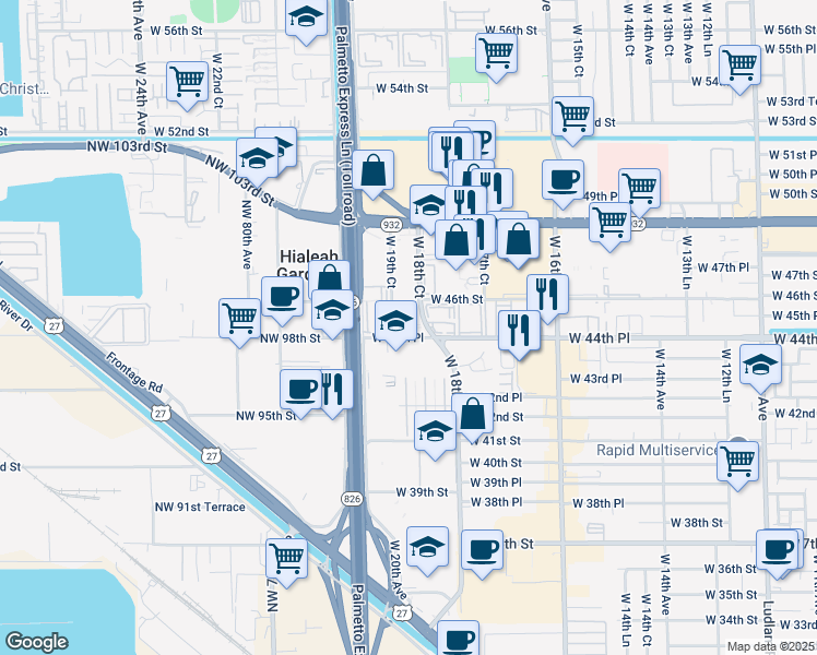 map of restaurants, bars, coffee shops, grocery stores, and more near 1875 West 44th Place in Hialeah