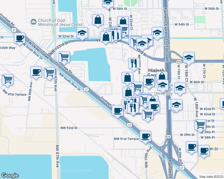 map of restaurants, bars, coffee shops, grocery stores, and more near 601 Northwest 82nd Avenue in Hialeah Gardens