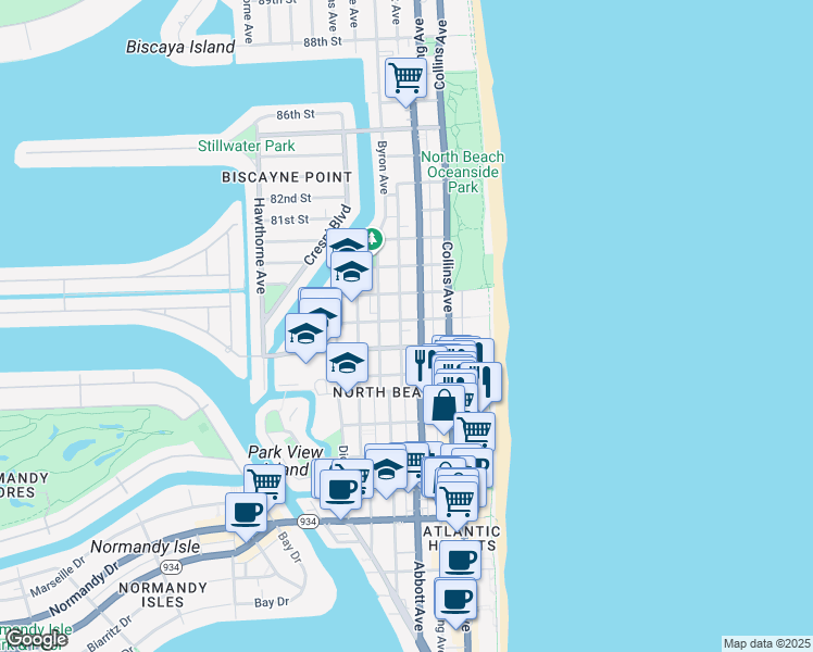 map of restaurants, bars, coffee shops, grocery stores, and more near 314 78th Street in Miami Beach