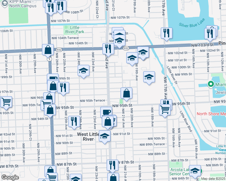 map of restaurants, bars, coffee shops, grocery stores, and more near 2160 Northwest 97th Street in Miami