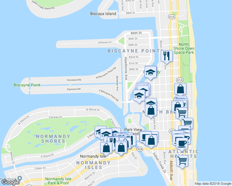 map of restaurants, bars, coffee shops, grocery stores, and more near 7758 Noremac Avenue in Miami Beach