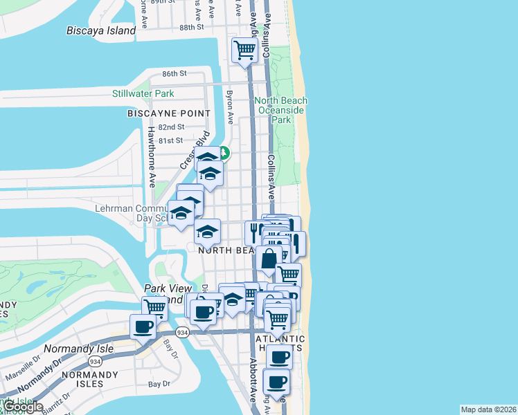 map of restaurants, bars, coffee shops, grocery stores, and more near 7745 Harding Avenue in Miami Beach