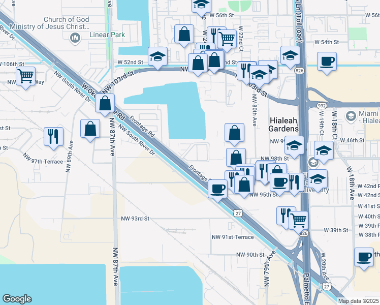 map of restaurants, bars, coffee shops, grocery stores, and more near 9811 West Okeechobee Road in Hialeah