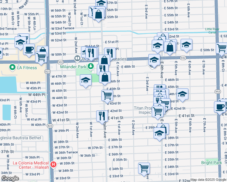 map of restaurants, bars, coffee shops, grocery stores, and more near 58 East 45th Street in Hialeah