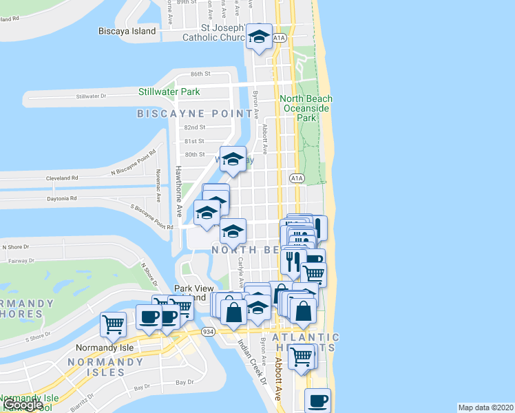 map of restaurants, bars, coffee shops, grocery stores, and more near 7742 Byron Avenue in Miami Beach