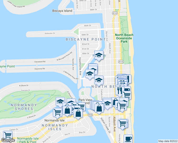 map of restaurants, bars, coffee shops, grocery stores, and more near 7772 Tatum Waterway Drive in Miami Beach
