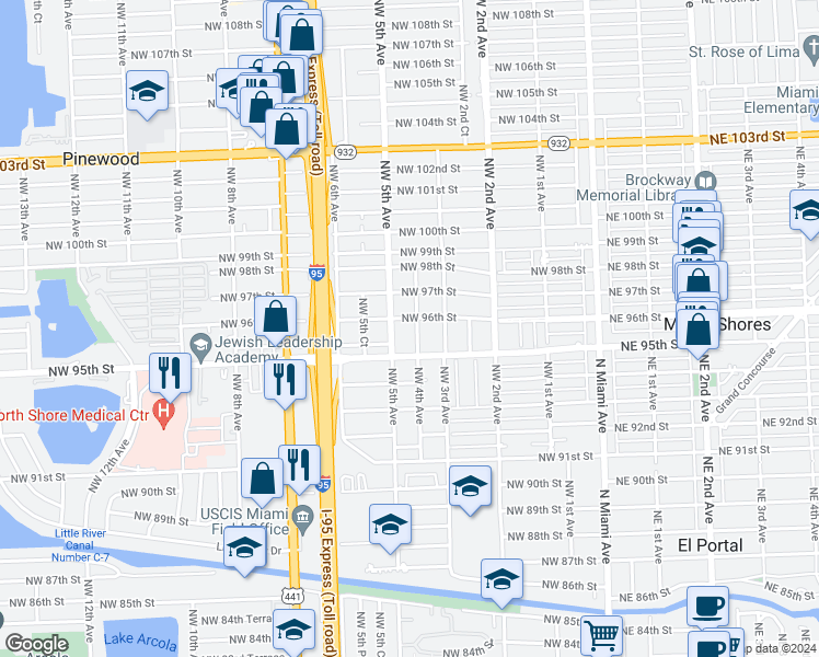 map of restaurants, bars, coffee shops, grocery stores, and more near 420 Northwest 96th Street in Miami