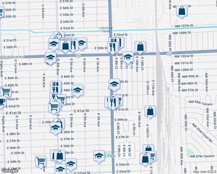 map of restaurants, bars, coffee shops, grocery stores, and more near 4435 East 8th Avenue in Hialeah
