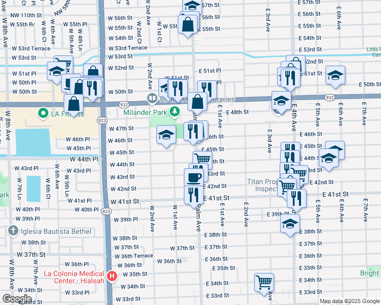 map of restaurants, bars, coffee shops, grocery stores, and more near 4490 Palm Avenue in Hialeah
