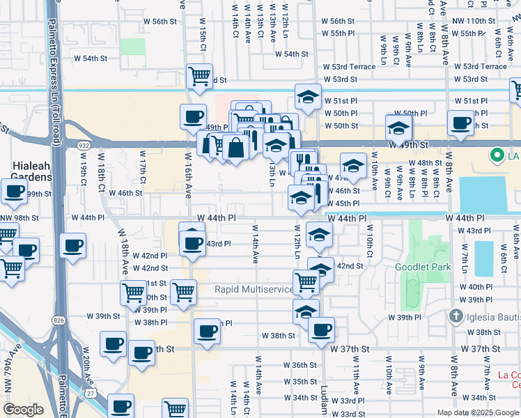 map of restaurants, bars, coffee shops, grocery stores, and more near 202 West 13th Lane in Hialeah