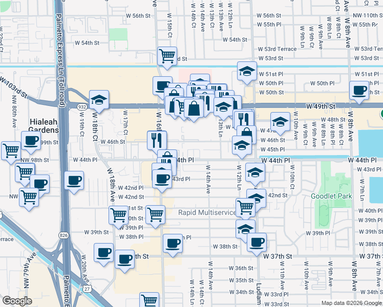 map of restaurants, bars, coffee shops, grocery stores, and more near 4526 West 14th Court in Hialeah