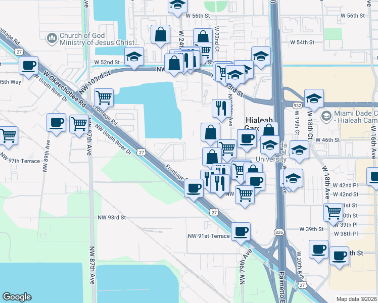 map of restaurants, bars, coffee shops, grocery stores, and more near 601 Northwest 82nd Avenue in Hialeah Gardens