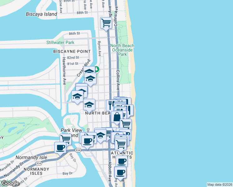 map of restaurants, bars, coffee shops, grocery stores, and more near 7741 Collins Avenue in Miami Beach