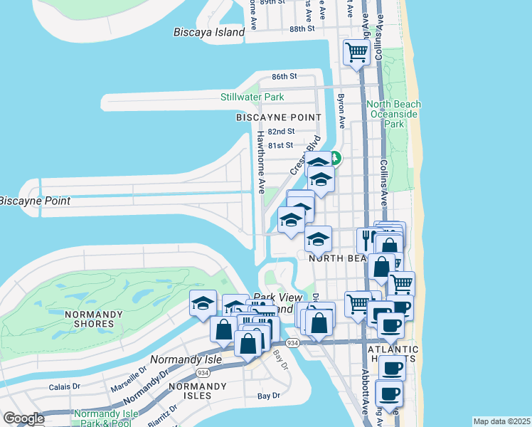 map of restaurants, bars, coffee shops, grocery stores, and more near 7757 Hawthorne Avenue in Miami Beach