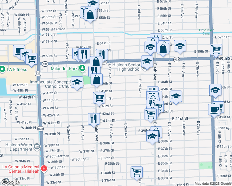 map of restaurants, bars, coffee shops, grocery stores, and more near 134 East 45th Street in Hialeah