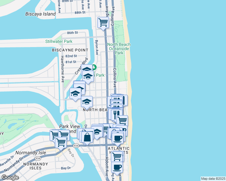 map of restaurants, bars, coffee shops, grocery stores, and more near 7744 Collins Avenue in Miami Beach
