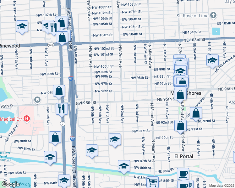 map of restaurants, bars, coffee shops, grocery stores, and more near 210 Northwest 96th Street in Miami