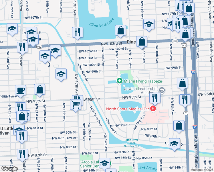 map of restaurants, bars, coffee shops, grocery stores, and more near 1381 Northwest 96th Street in Miami