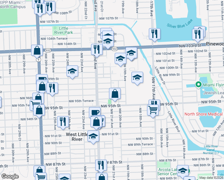 map of restaurants, bars, coffee shops, grocery stores, and more near 2040 Northwest 97th Street in Miami