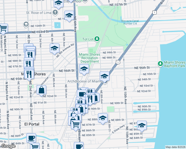 map of restaurants, bars, coffee shops, grocery stores, and more near 731 Northeast 95th Street in Miami Shores