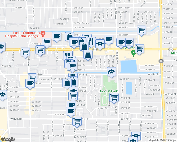 map of restaurants, bars, coffee shops, grocery stores, and more near 1020 West 45th Place in Hialeah