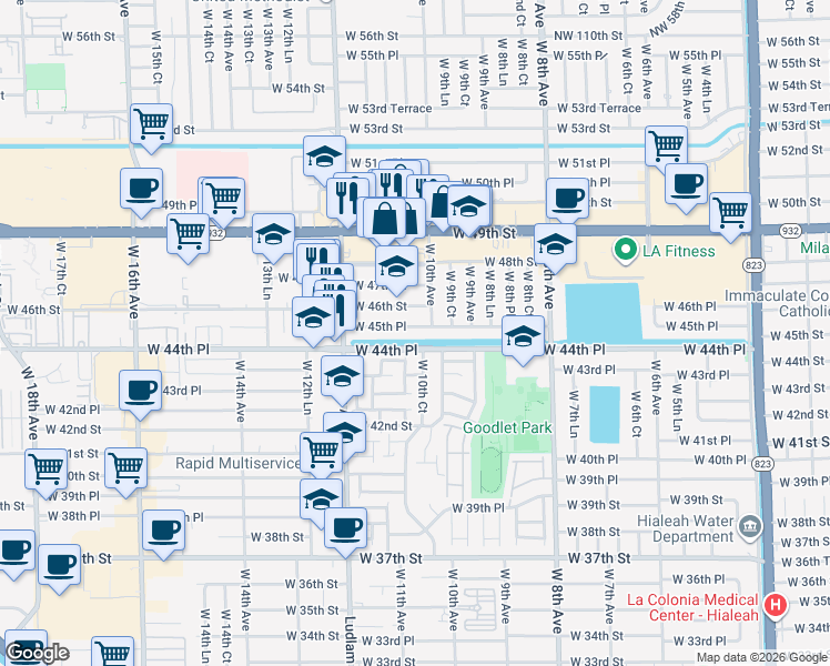 map of restaurants, bars, coffee shops, grocery stores, and more near 1020 West 45th Place in Hialeah