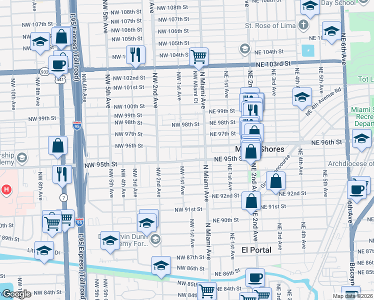 map of restaurants, bars, coffee shops, grocery stores, and more near 78 Northwest 96th Street in Miami Shores
