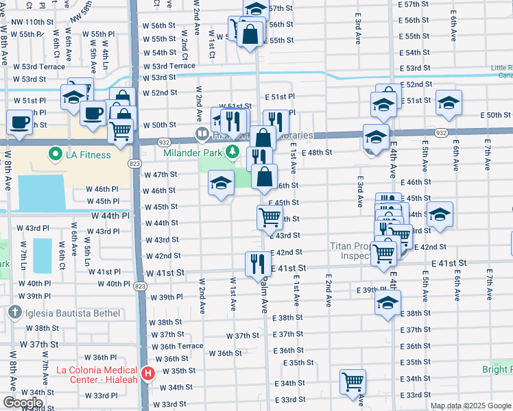 map of restaurants, bars, coffee shops, grocery stores, and more near 4490 Palm Avenue in Hialeah