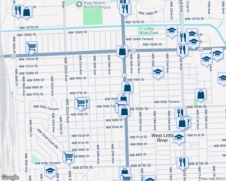 map of restaurants, bars, coffee shops, grocery stores, and more near 2831 Northwest 97th Street in Miami