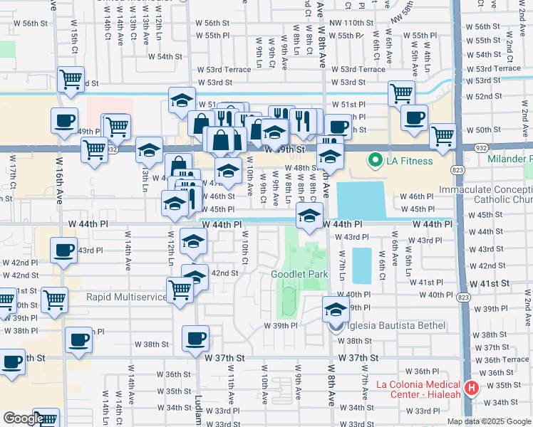 map of restaurants, bars, coffee shops, grocery stores, and more near 932 West 45th Place in Hialeah