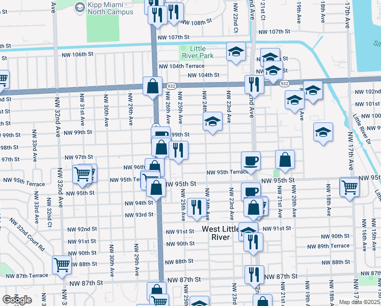 map of restaurants, bars, coffee shops, grocery stores, and more near 2459 Northwest 97th Street in Miami