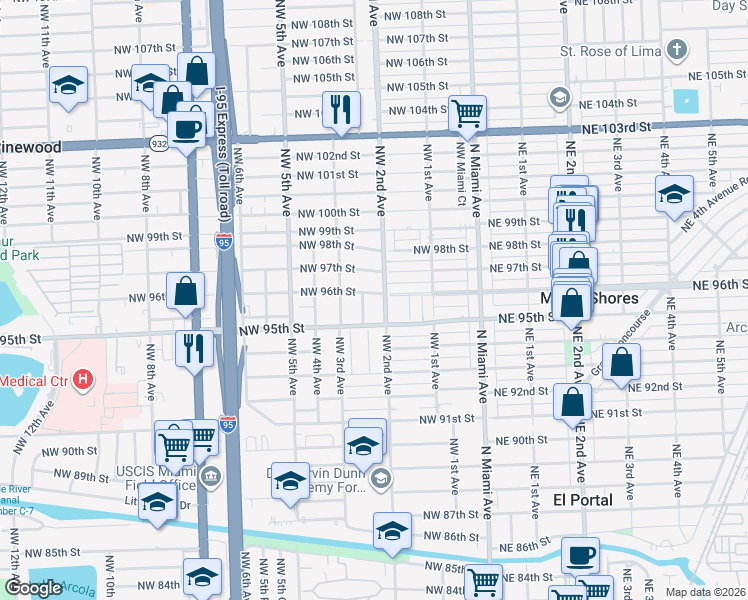 map of restaurants, bars, coffee shops, grocery stores, and more near 210 Northwest 96th Street in Miami