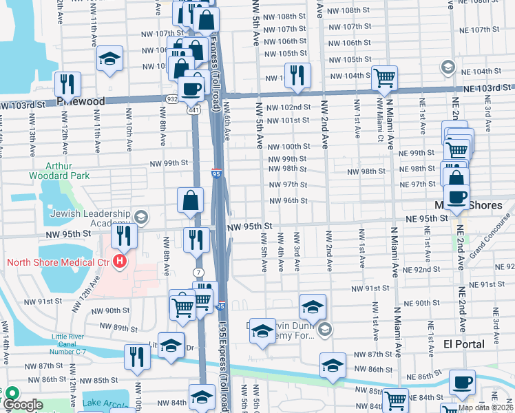 map of restaurants, bars, coffee shops, grocery stores, and more near 540 Northwest 96th Street in Miami