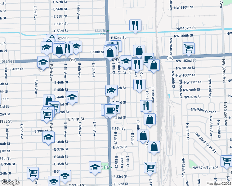 map of restaurants, bars, coffee shops, grocery stores, and more near 4419 East 8th Lane in Hialeah