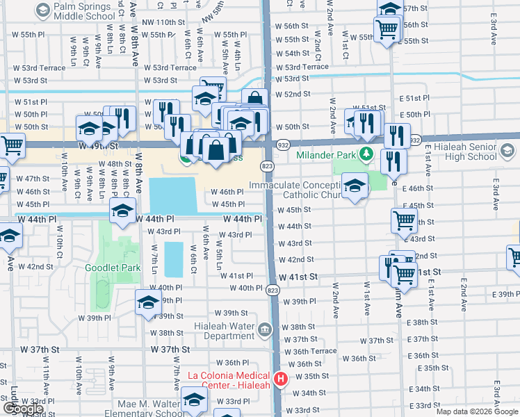 map of restaurants, bars, coffee shops, grocery stores, and more near 448 West 45th Place in Hialeah