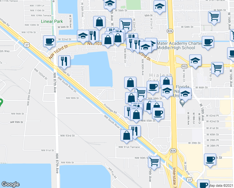 map of restaurants, bars, coffee shops, grocery stores, and more near 601 Northwest 82nd Avenue in Hialeah Gardens