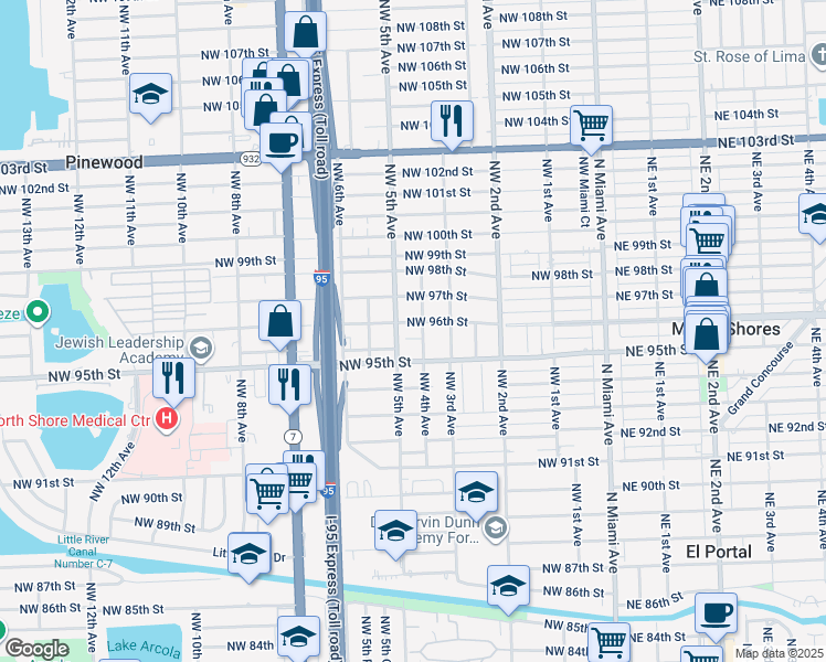 map of restaurants, bars, coffee shops, grocery stores, and more near 420 Northwest 96th Street in Miami